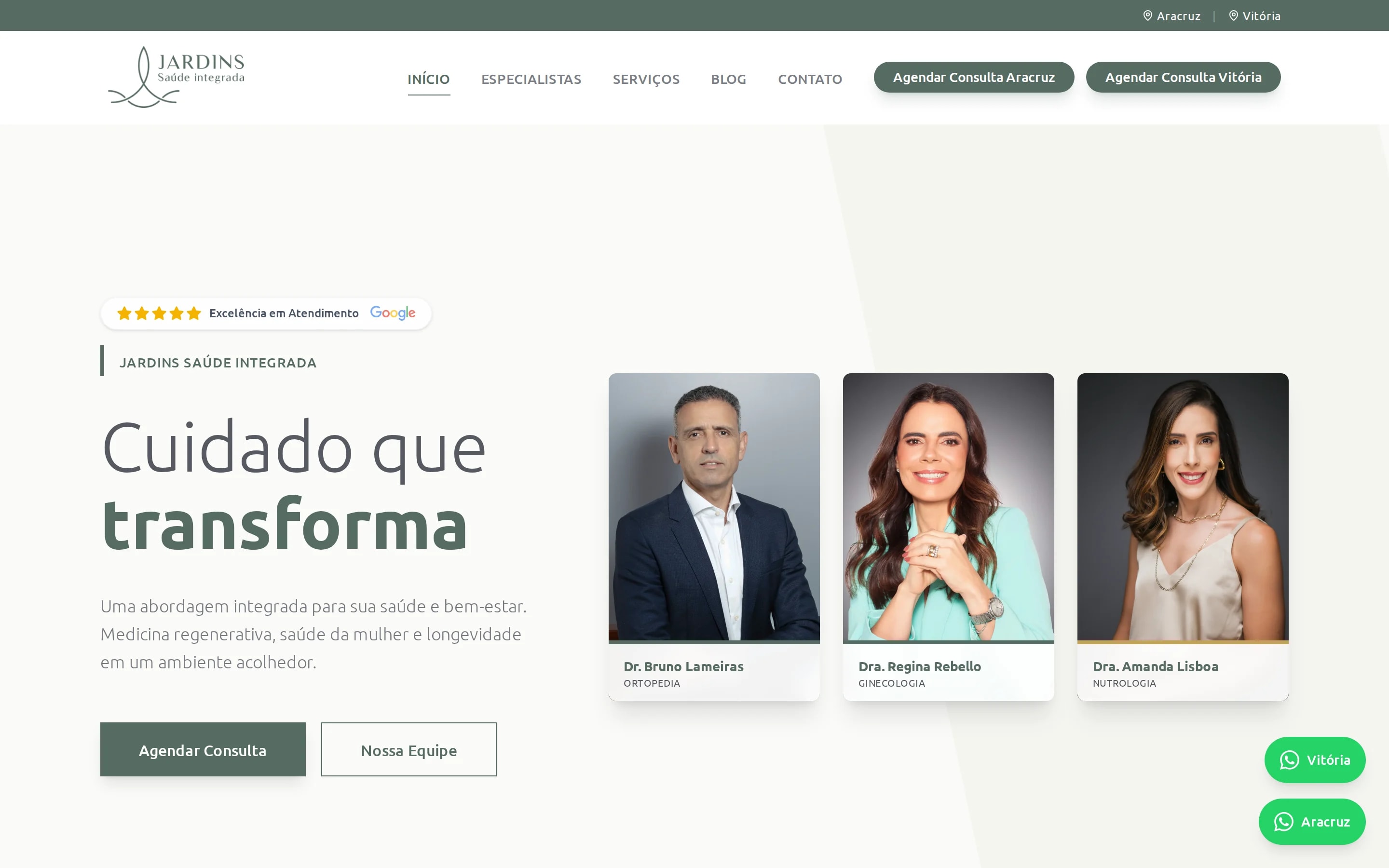 Página inicial do site Jardins Saúde Integrada, com agendamento de consultas em Aracruz e Vitória