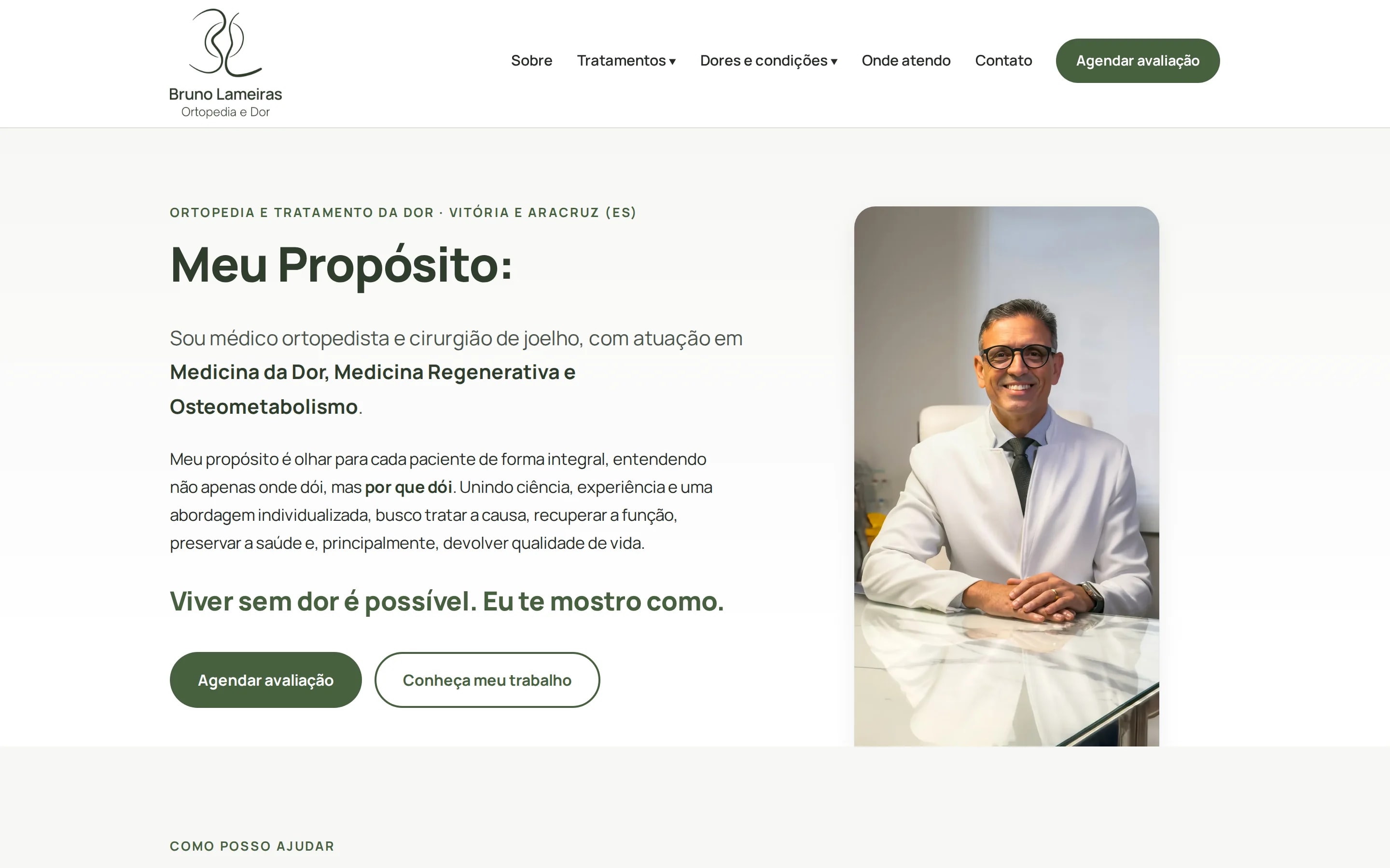 Página inicial do site do Dr. Bruno Lameiras, ortopedista e especialista em dor
